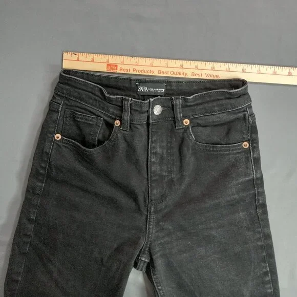 Zara Black High-Rise Frayed Hem Straight Leg Jeans, Size 6 - Picture 4 of 12